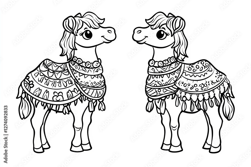 Obraz premium Baby camel with tiny humps, wearing a patterned blanket.