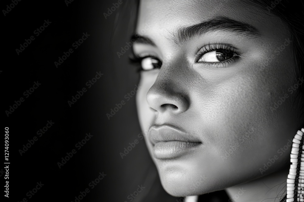 Fototapeta premium This artistic black and white close-up portrait reveals a woman's intense gaze, capturing her beauty and the subtle details of her skin and stunning accessories.