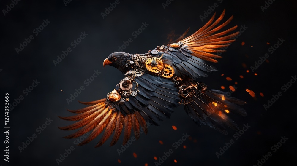 Obraz premium Steampunk mechanical bird with gears and fiery wings in flight