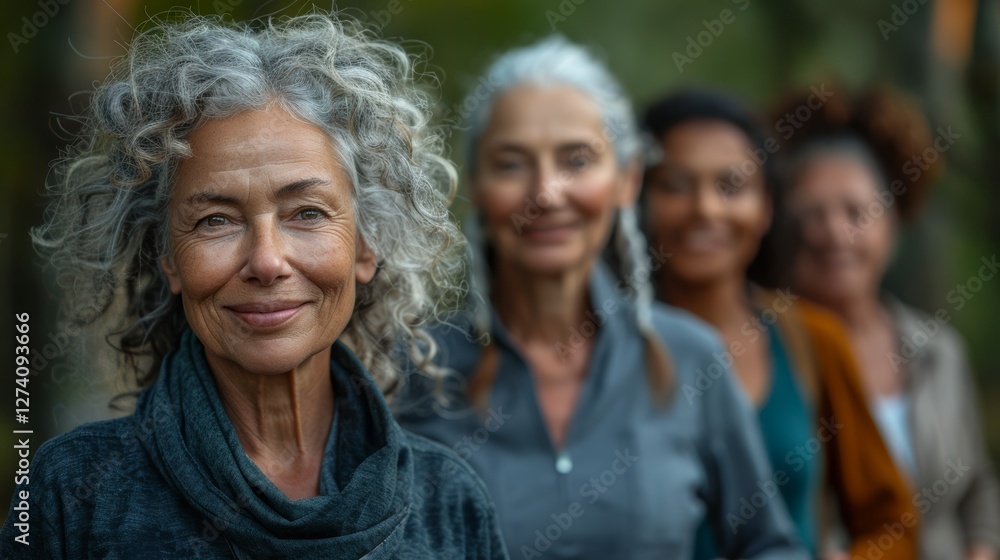 Fototapeta premium Woman stands confidently as group of diverse adults looks directly at her with smiles.