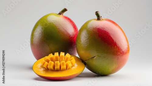 Two ripe mangos with one sliced to reveal its juicy yellow flesh, showcasing vibrant red and green skin tones against a neutral backdrop photo