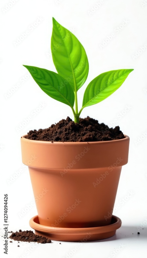 Isolated green soil in a terracotta pot on white background, container, soil Isolated green soil in a terracotta pot on white background, container, soil
