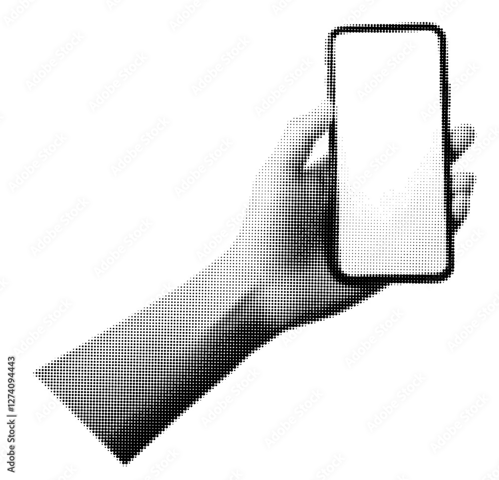 halftone dots hand holding a black smartphone with a blank screen in vintage retro style