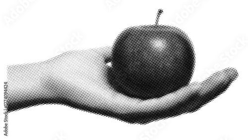Female halftone hand holding red apple isolated in white background. Hand give fruit in vintage retro style