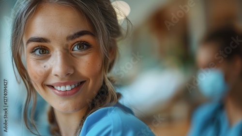 Woman wearing blue shirt smiles at camera.