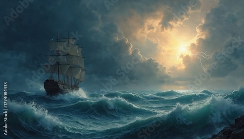 Illustration of ship in stormy sea. Dark water waves around sailboat under heavy sky with lightnings. Nautical vessel sails in rough weather. Marine oil painting of seascape with horizon.
