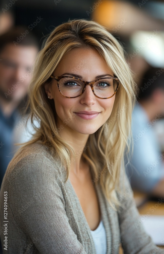 Happy businesswoman at conference table with colleagues in office, blonde woman standing Happy businesswoman at conference table with colleagues in office, blonde woman standing