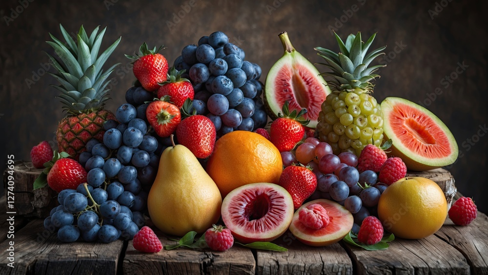 A vibrant arrangement of assorted fresh fruits on a wooden surface, highlighting colorful textures and natural beauty A vibrant arrangement of assorted fresh fruits on a wooden surface, highlighting colorful textures and natural beauty