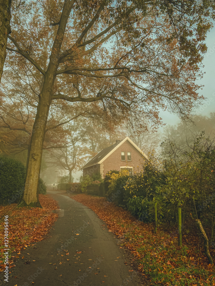 Beautiful autumn forest landscape with a house