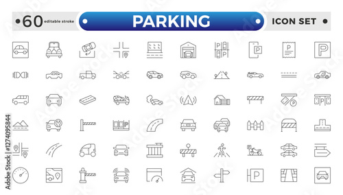 parking outline icons related to road, street, drive, crosswalk, highway, traffic, lights, gps, bridge, roundabout, directions, barrier. Editable stroke outline icon. 
