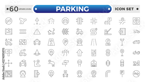 parking outline icons related to road, street, drive, crosswalk, highway, traffic, lights, gps, bridge, roundabout, directions, barrier. Editable stroke outline icon. 

