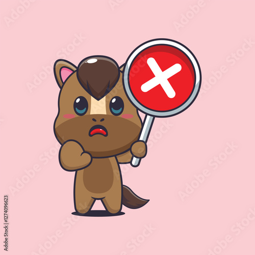 horse mascot cartoon character vector illustration with wrong sign