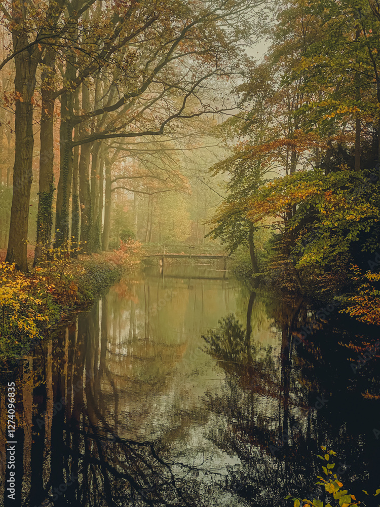 Autumn landscape of the forest with a bridge over the river