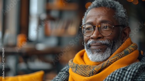 Wallpaper Mural "An elderly man with a beard, wearing glasses, a scarf, and a patterned garment, sitting and looking contentedly towards the camera." Torontodigital.ca