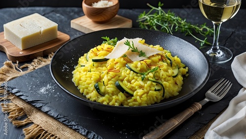 Vibrant plate of saffron risotto garnished with zucchini strips, herbs, and cheese, set against a dark surface with a glass of white wine photo