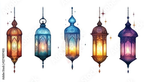 Five Colorful Glowing Ornate Lanterns Hanging Against White Background