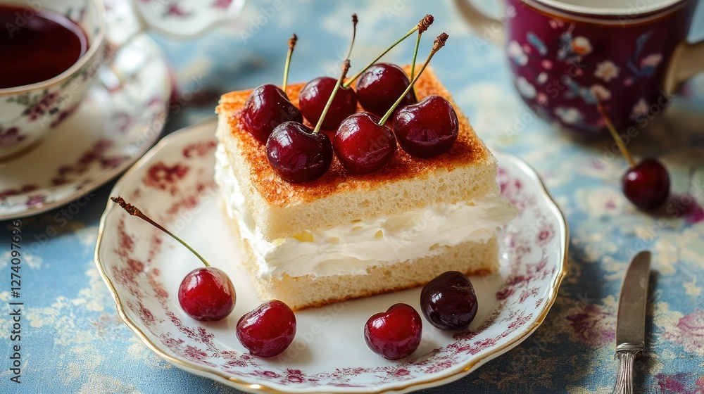 Japanese-style fruit sandwich with fluffy white bread, fresh cherries, and vanilla cream, served on a vintage-inspired table setting Japanese-style fruit sandwich with fluffy white bread, fresh cherries, and vanilla cream, served on a vintage-inspired table setting