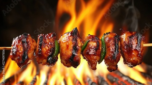 Japanese-style yakitori chicken skewers grilling over an open flame, sizzling with rich tare glaze, smoky atmosphere