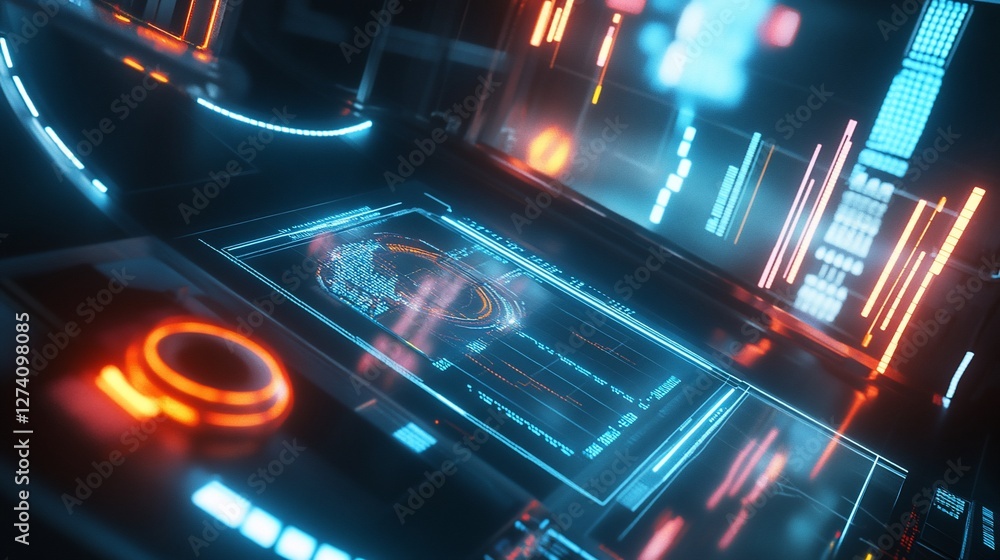 Obraz premium Futuristic Tech Interface: Neon Displays and Digital Data Streams