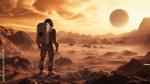 lone astronaut stands on desolate, rocky alien planet, gazing at partial eclipse in orange sky. sense of awe and solitude pervades scene as astronaut explores unknown photo