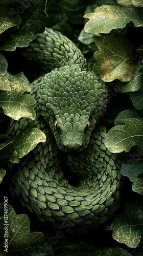 camouflaged snake blends seamlessly among lush green foliage, showcasing its intricate scales and vibrant color