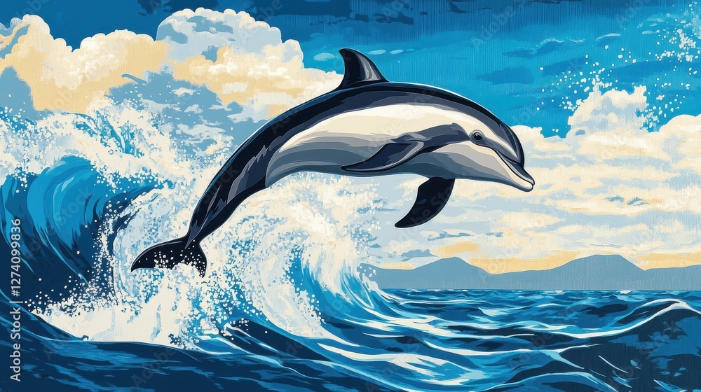 Obraz premium Dolphin Leaping Through Ocean Waves Under a Cloudy Sky