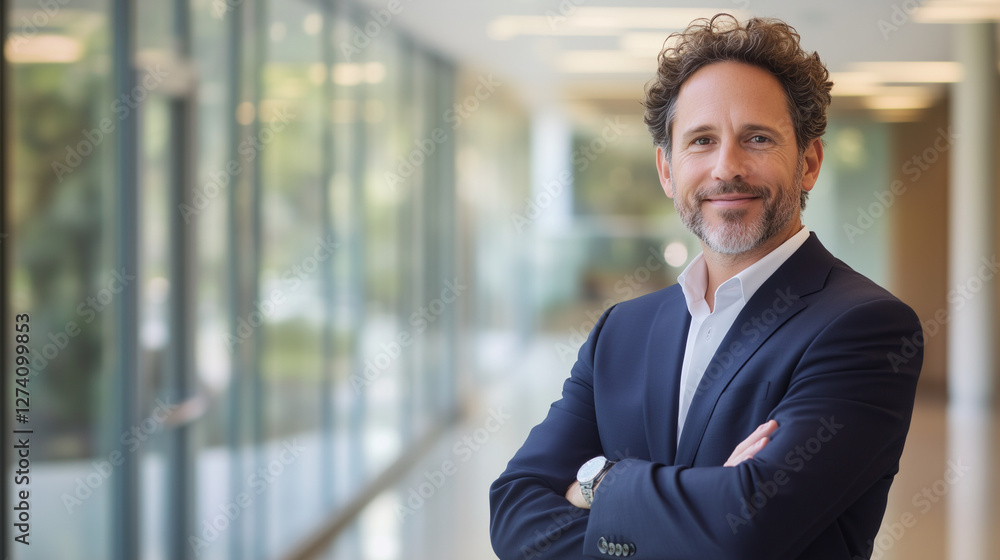 Professional in Business Attire Standing in Well-Lit Corridor of an Office
