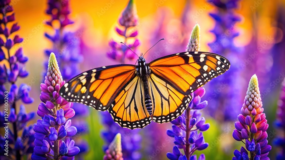Obraz premium Monarch Butterfly on Purple Lupine Flowers in California Poppies