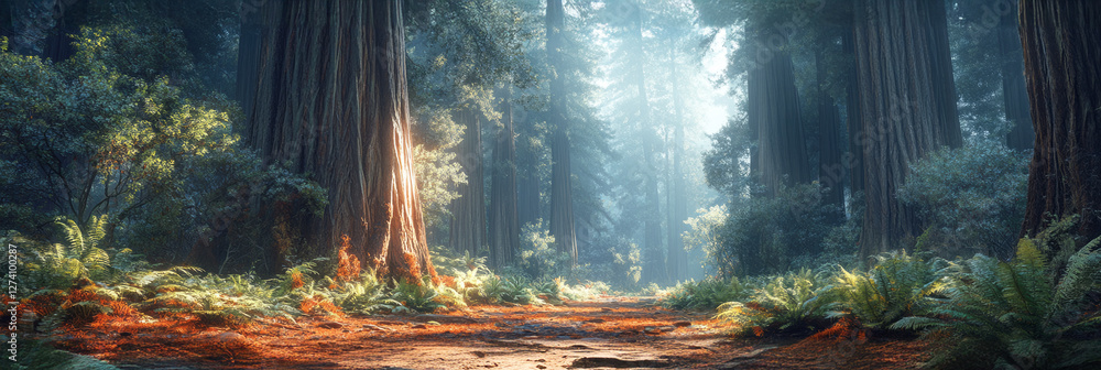 A majestic redwood forest in Northern California, where towering ancient trees reach into the sky, bathed in soft sunlight and surrounded by a mystical mist, creating a peaceful atmosphere , banner