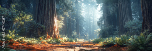 Obraz na płótnie A majestic redwood forest in Northern California, where towering ancient trees reach into the sky, bathed in soft sunlight and surrounded by a mystical mist, creating a peaceful atmosphere , banner w salonie