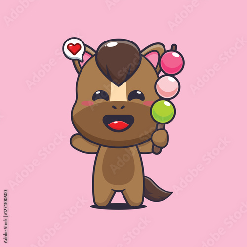 horse mascot cartoon character vector illustration eating dango