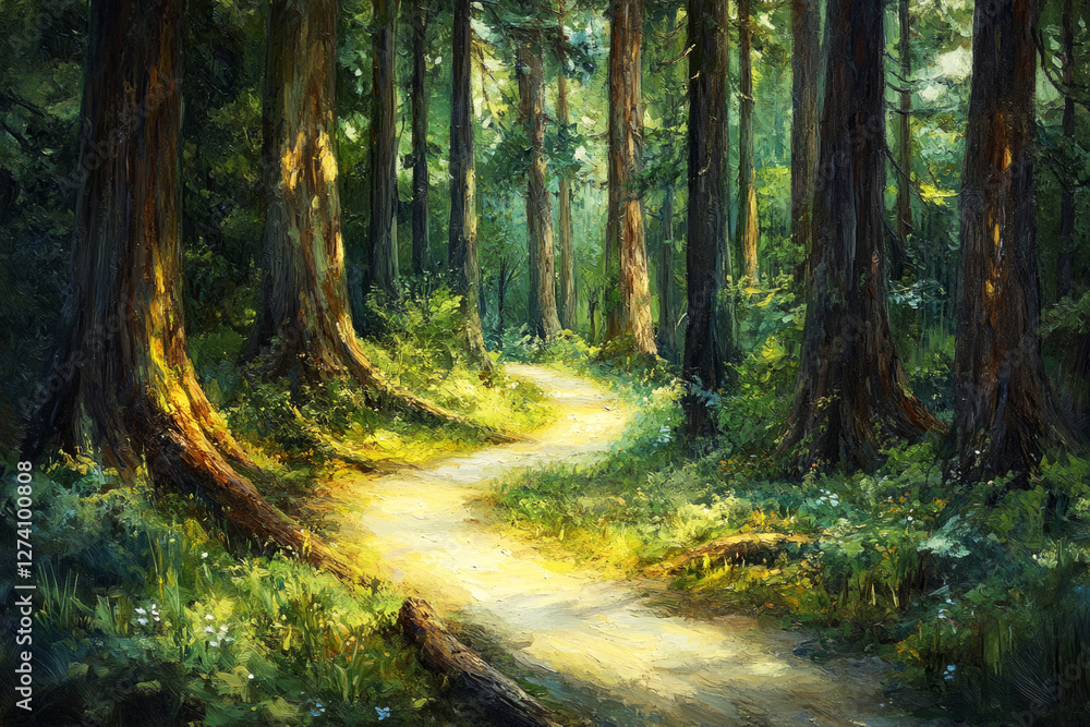 Obraz premium A winding trail through a lush redwood forest, captured with soft, textured brushstrokes, depicting the towering trees, moss-covered roots, and wildflowers, evoking a sense of calm solitude