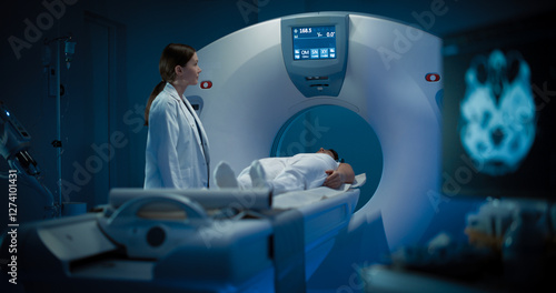Foto In Medical Laboratory Radiologist Controls MRI or CT or PET Scan with Female Patient Undergoing Procedure