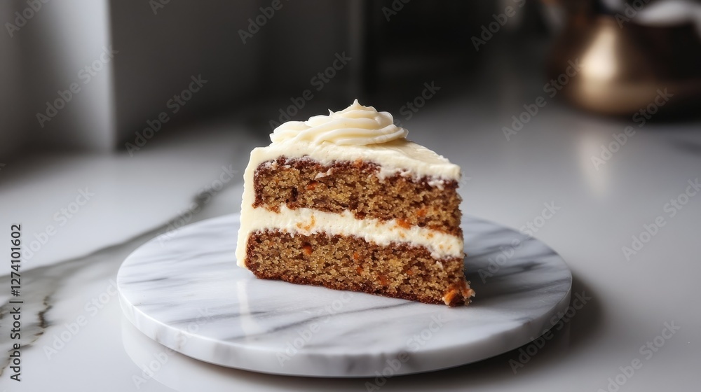 Minimalist composition of a single slice of carrot cake with rich cream cheese frosting, placed on a marble plate with soft lighting Minimalist composition of a single slice of carrot cake with rich cream cheese frosting, placed on a marble plate with soft lighting