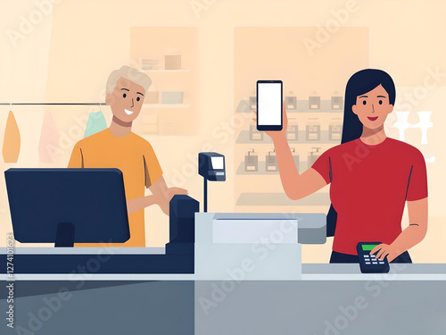 Customer using mobile payment at retail checkout while cashier assists in a busy store environment. In a retail store, a customer holds their smartphone over a payment terminal as the cashier assists
