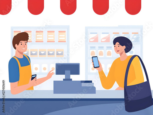 Customer using mobile payment at retail checkout while cashier assists in a busy store environment. In a retail store, a customer holds their smartphone over a payment terminal as the cashier assists