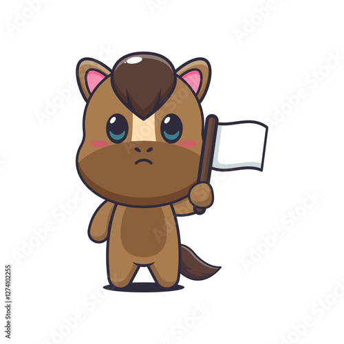 horse mascot cartoon character vector illustration with white flag