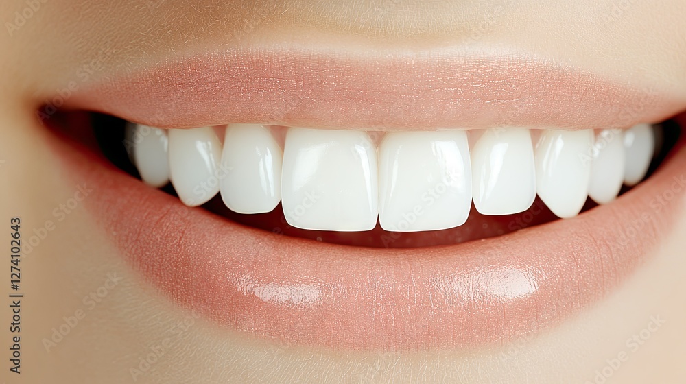 Bright white smile showcasing healthy teeth and well-groomed lips under soft lighting in a close-up shot Bright white smile showcasing healthy teeth and well-groomed lips under soft lighting in a close-up shot