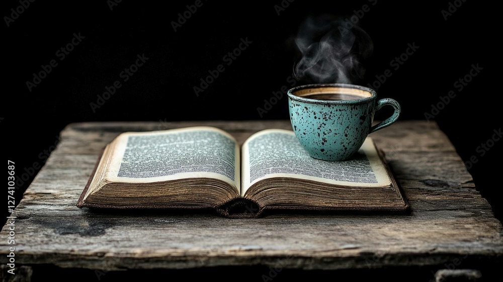 open book and a steaming cup of coffee on a wooden table, open book and a steaming cup of coffee on a wooden table,