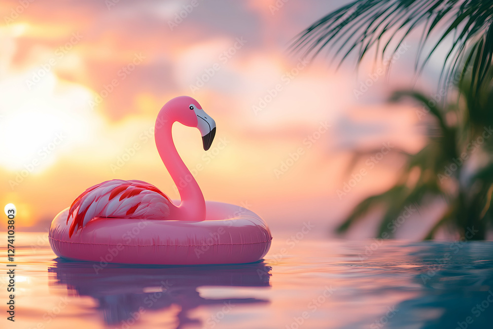 Fototapeta premium Inflatable Flamingo Floating on Pool Water at Colorful Tropical Sunset