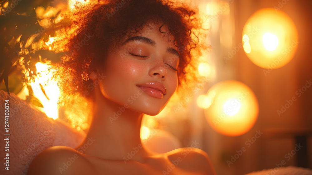 Fototapeta premium woman enjoying moment of self care with serene expression