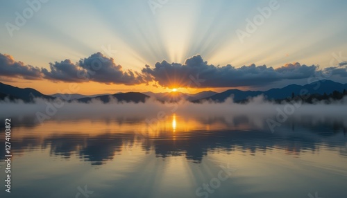 Wallpaper Mural A Breathtaking Sunrise Over Calm Water with Dramatic Clouds and Light Rays Reflecting in the Misty Landscape Torontodigital.ca