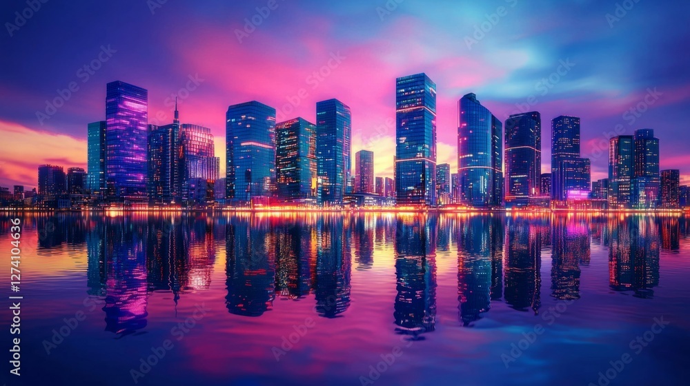 Obraz premium Stunning City Skyline Reflection at Dusk with Colorful Lights