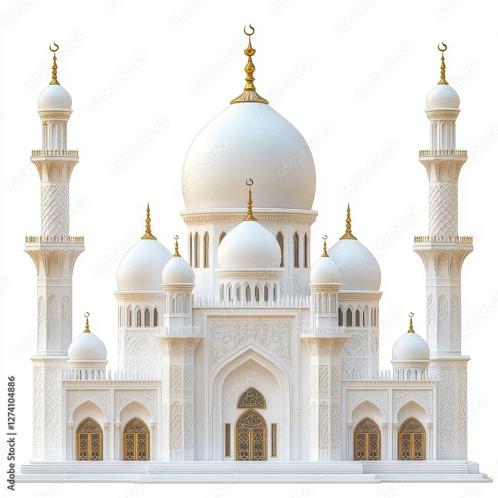 Fototapeta premium White Mosque with Golden Accents and Intricate Details