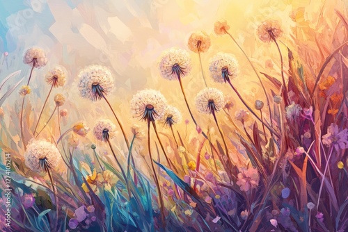 A field of colorful dandelion puffs, vibrant and playful in the warm glow of sunset.