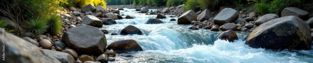 Debris filled rapid with pebbles and boulders, rapid stream, rock debris Debris filled rapid with pebbles and boulders, rapid stream, rock debris
