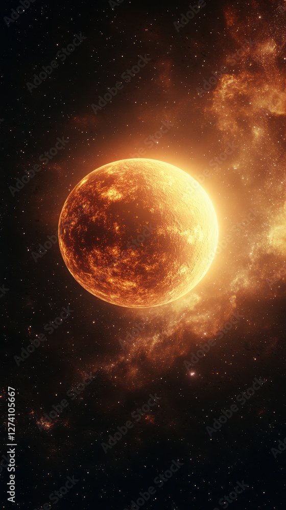 Bright golden planet illuminated against a backdrop of distant stars and cosmic clouds in the universe Bright golden planet illuminated against a backdrop of distant stars and cosmic clouds in the universe