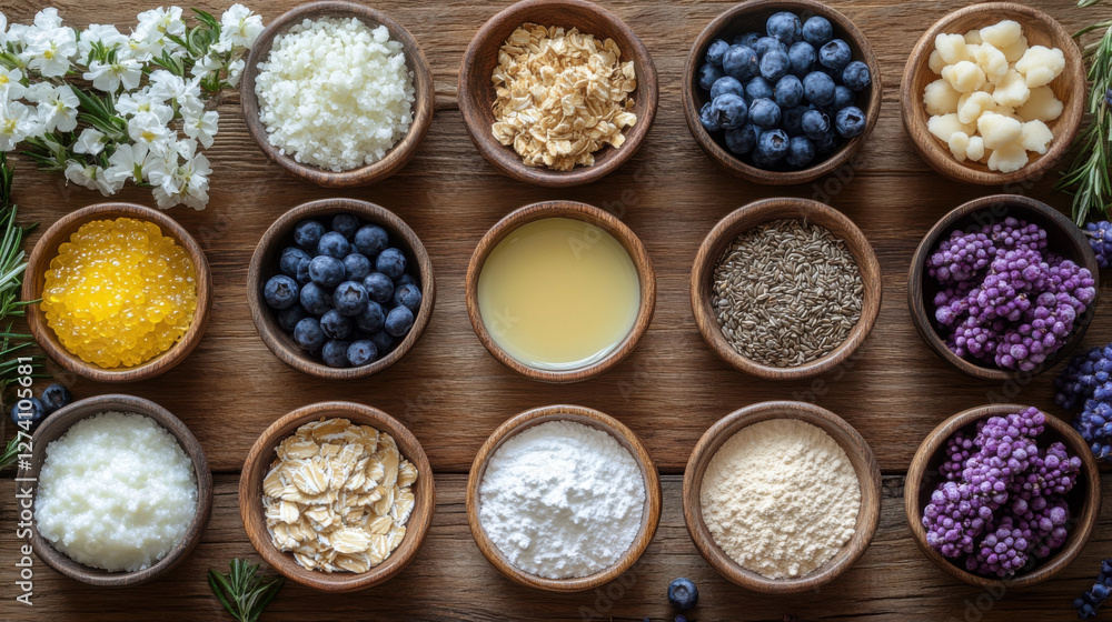 rustic wooden table displays bowls of organic ingredients, including oats, blueberries rustic wooden table displays bowls of organic ingredients, including oats, blueberries