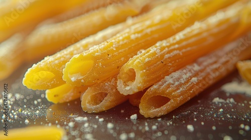 Close-up of uncooked pasta with a dusting of flour on a metallic surface.