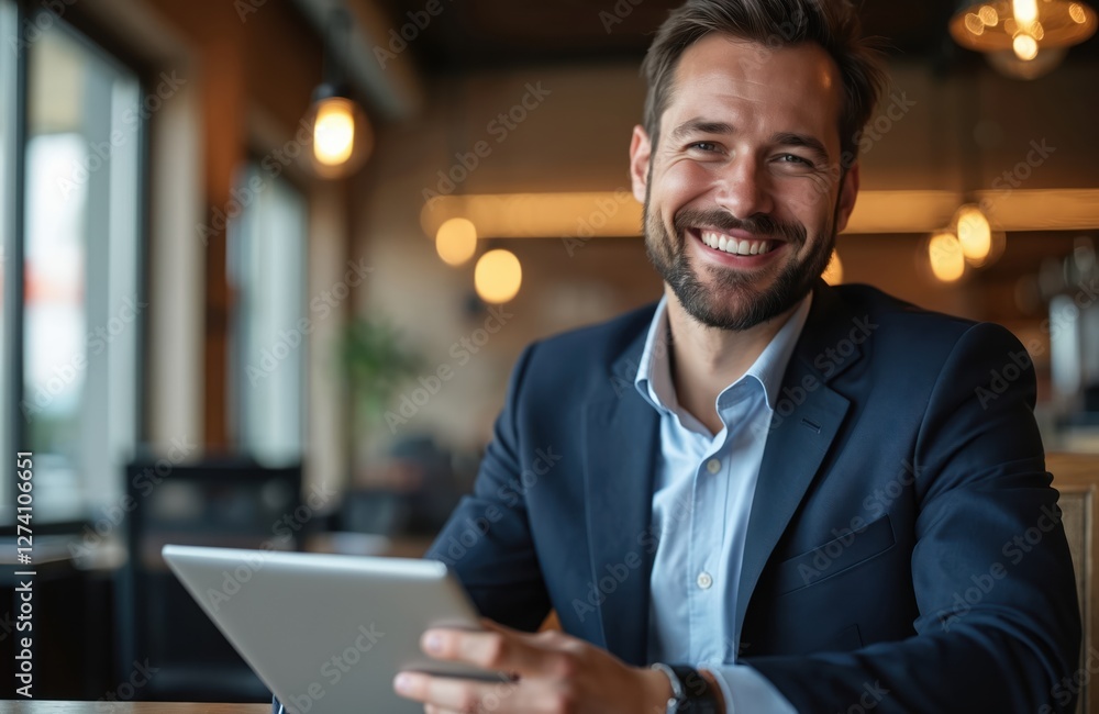Smiling business man works with tablet. Positive manager in suit holds pad in cafe. Successful entrepreneur works online, using wireless internet. Modern technology and mature pro at work. Smiling business man works with tablet. Positive manager in suit holds pad in cafe. Successful entrepreneur works online, using wireless internet. Modern technology and mature pro at work.